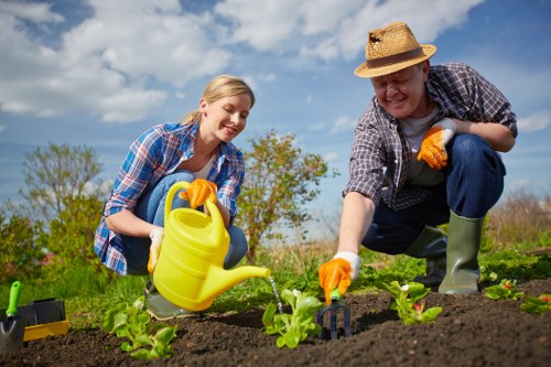 In the outdoor garden of a residential property, two individuals are engaged in planting or tending to young leafy green plants in a neatly prepared flower bed. The garden features a lush, green lawn with well-defined borders, and the flower bed is bordered by dark, rich soil. In the background, there are scattered trees and a partly cloudy blue sky, indicating a bright and pleasant day. The individuals are dressed in casual gardening attire, including gloves, and are using small gardening tools, such as a watering can and a hand fork. The scene captures a moment of active outdoor maintenance, with one person watering the plants and the other inspecting or planting additional greenery. This natural setting on the boundary of a home garden reflects typical landscaping and gardening activities in Ruislip, supporting local gardening services. The visible textures of soil, leaves, and grass, along with the natural light, emphasize the clean and well-maintained outdoor environment suitable for gardening and lawn care services.